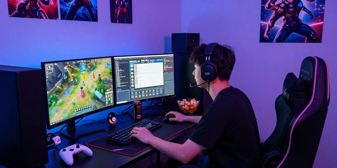 Dynamic gaming workspace with multiple screens showcasing action-packed link slot gameplay and vibrant accessories.