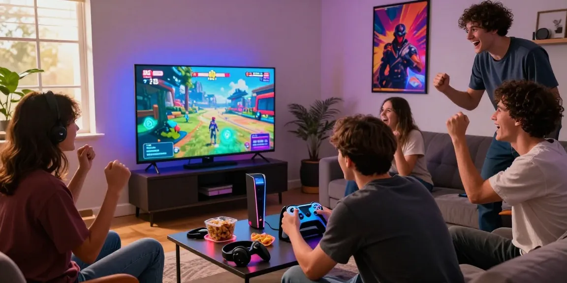 Friends enjoying CIKA4D platform gaming together in a vibrant living room.